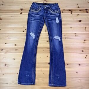 Rue 21 Twentyone Black Jeans Womens 0 Distressed Flared Low Rise Embroidered